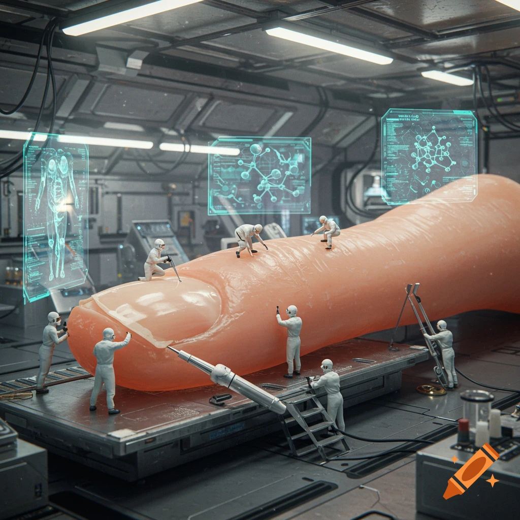 Tiny scientists in white suits perform detailed work on a giant human finger and nail in a futuristic sci-fi laboratory.