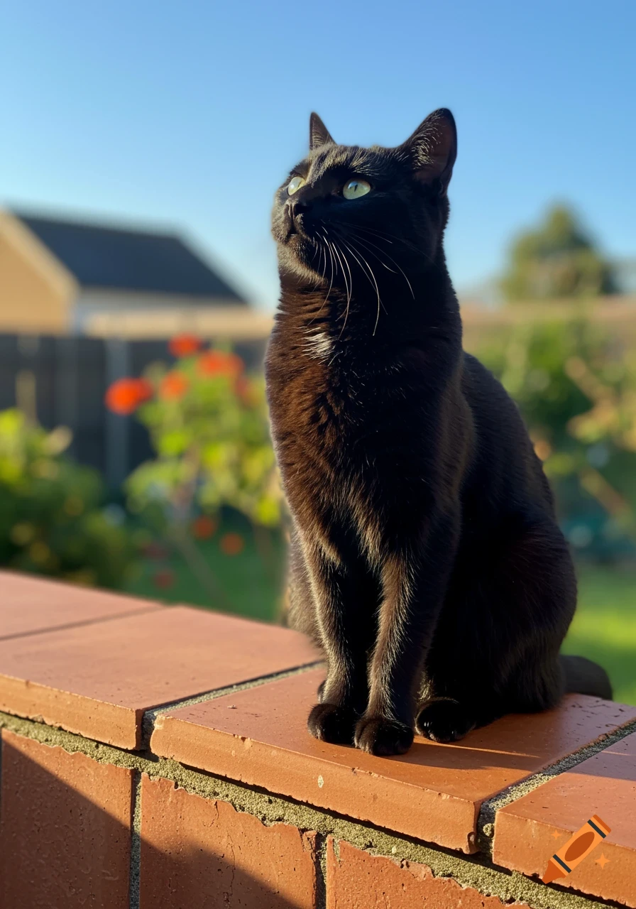 A black cat with green eyes sits on a brick wall, looking up, with a blurred sunny garden and blue sky in the background.