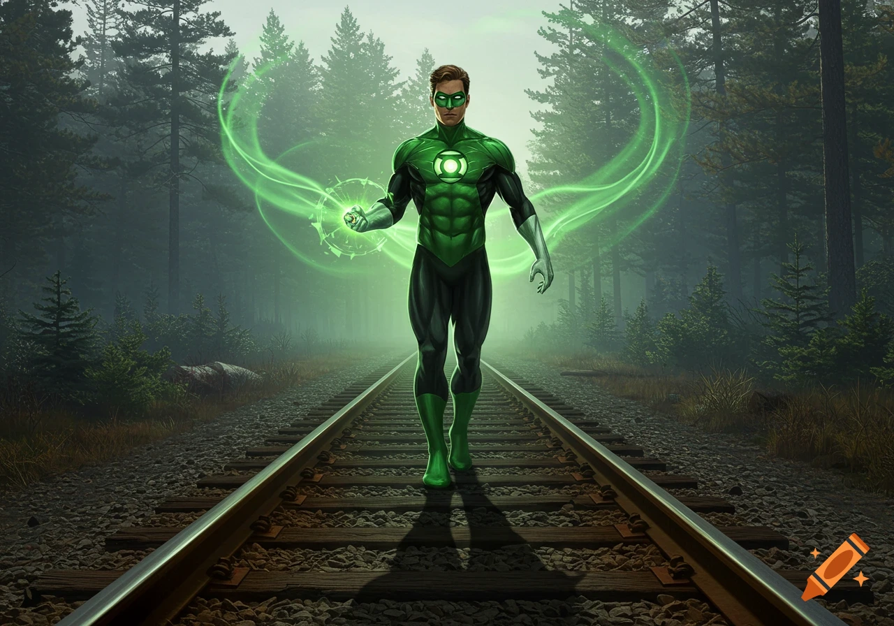 Green Lantern stands on railroad tracks in a misty forest, glowing with green energy. The illustration style is dynamic.