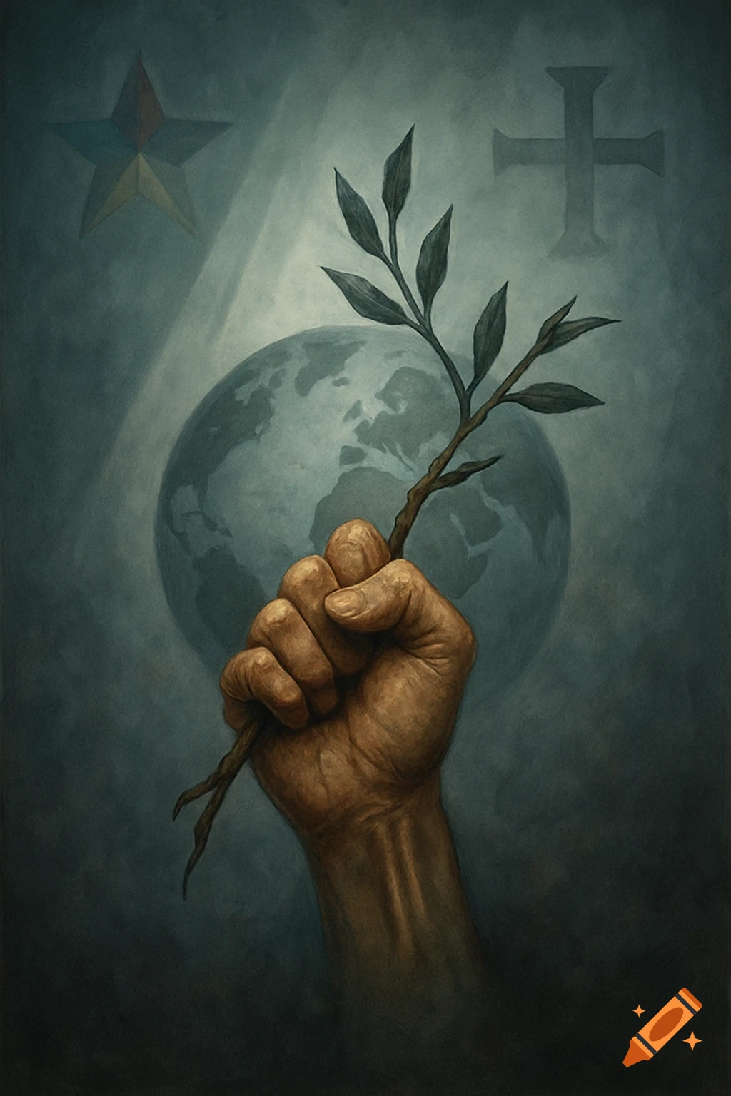 A stylized painting of a hand holding a leafy branch in front of a globe, with a star and a cross in the background.