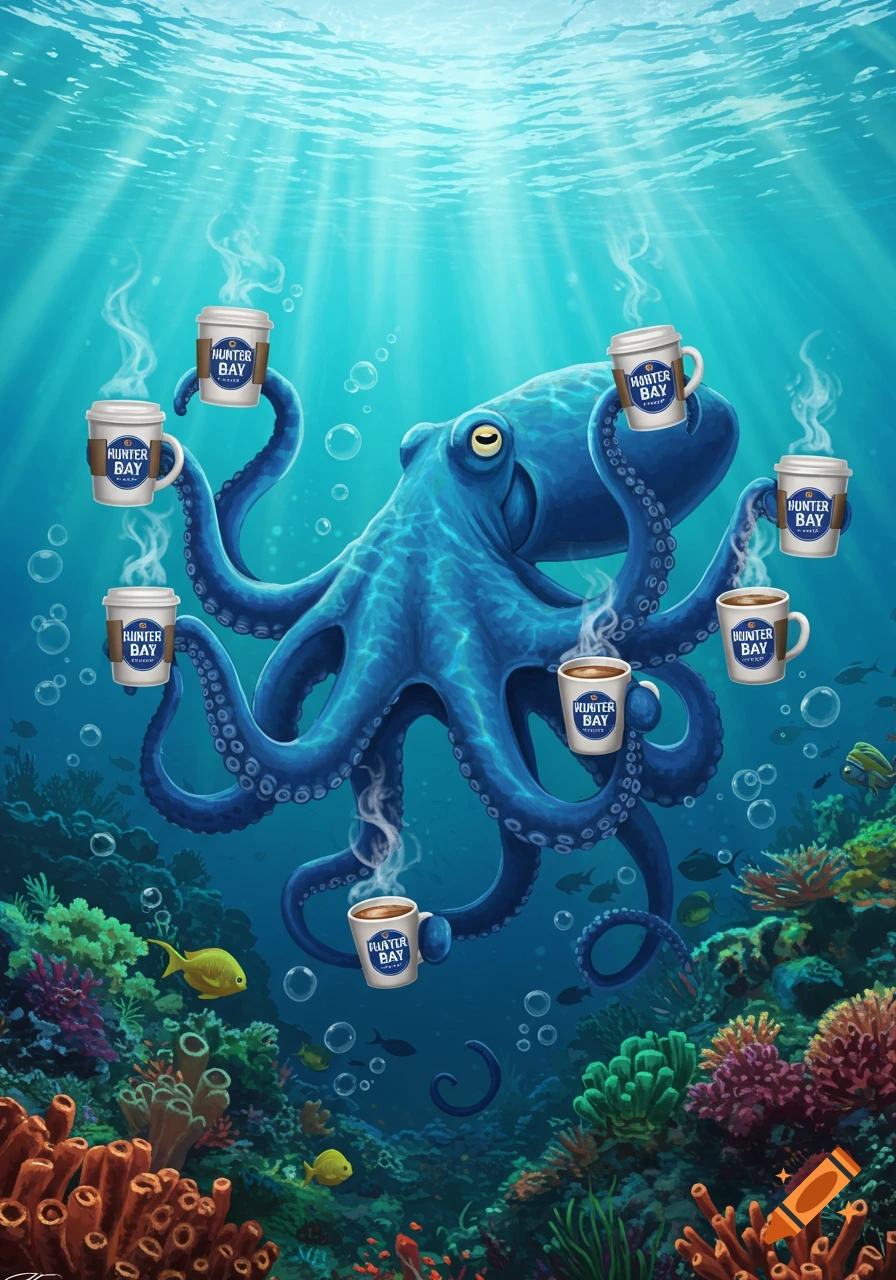 A vibrant blue octopus holds seven steaming 'HUNTER BAY' coffee cups with its tentacles in a colorful underwater coral reef scene.