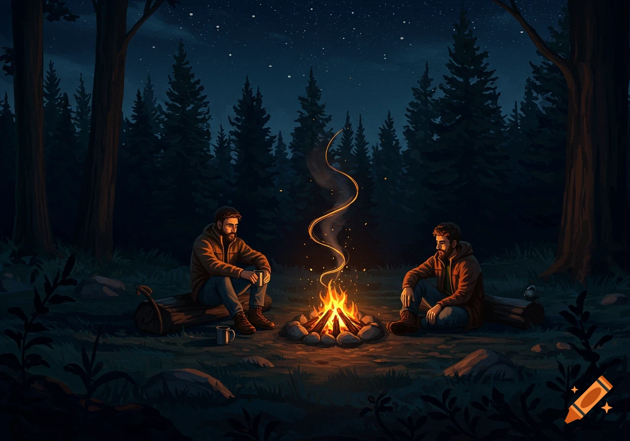 Two men sit around a campfire in a dark forest under a star-filled night sky.