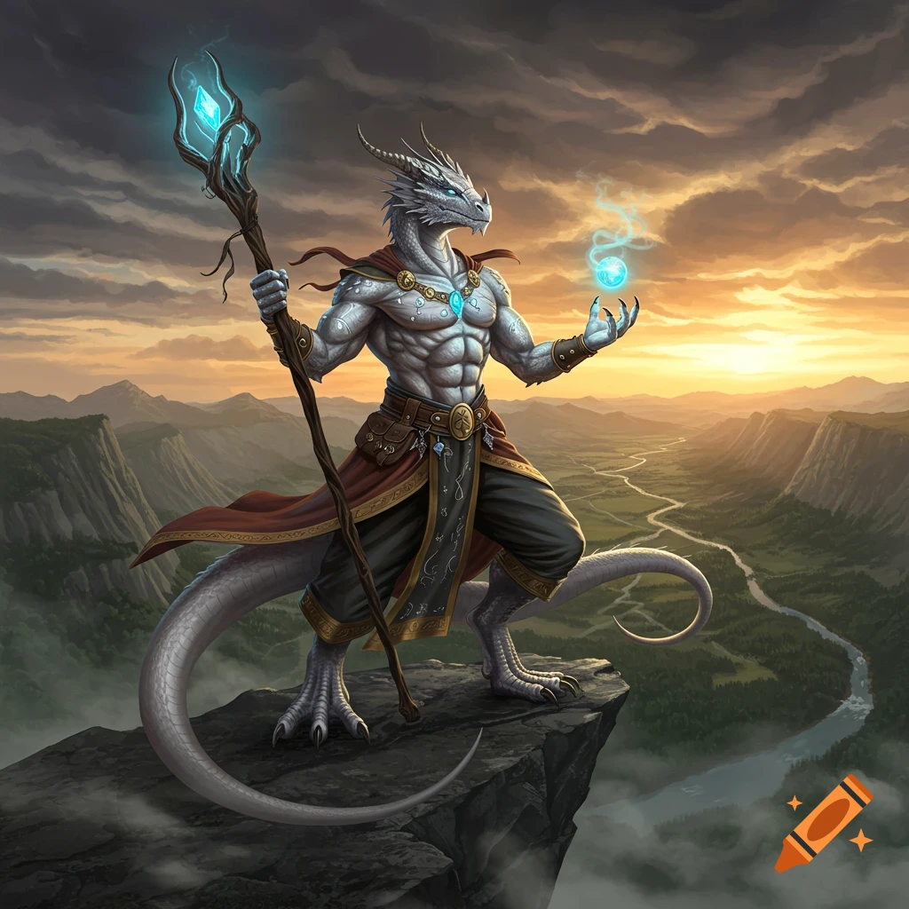 A white dragonborn sorcerer holds a glowing staff and a magical orb while standing on a cliff overlooking a valley at sunset.
