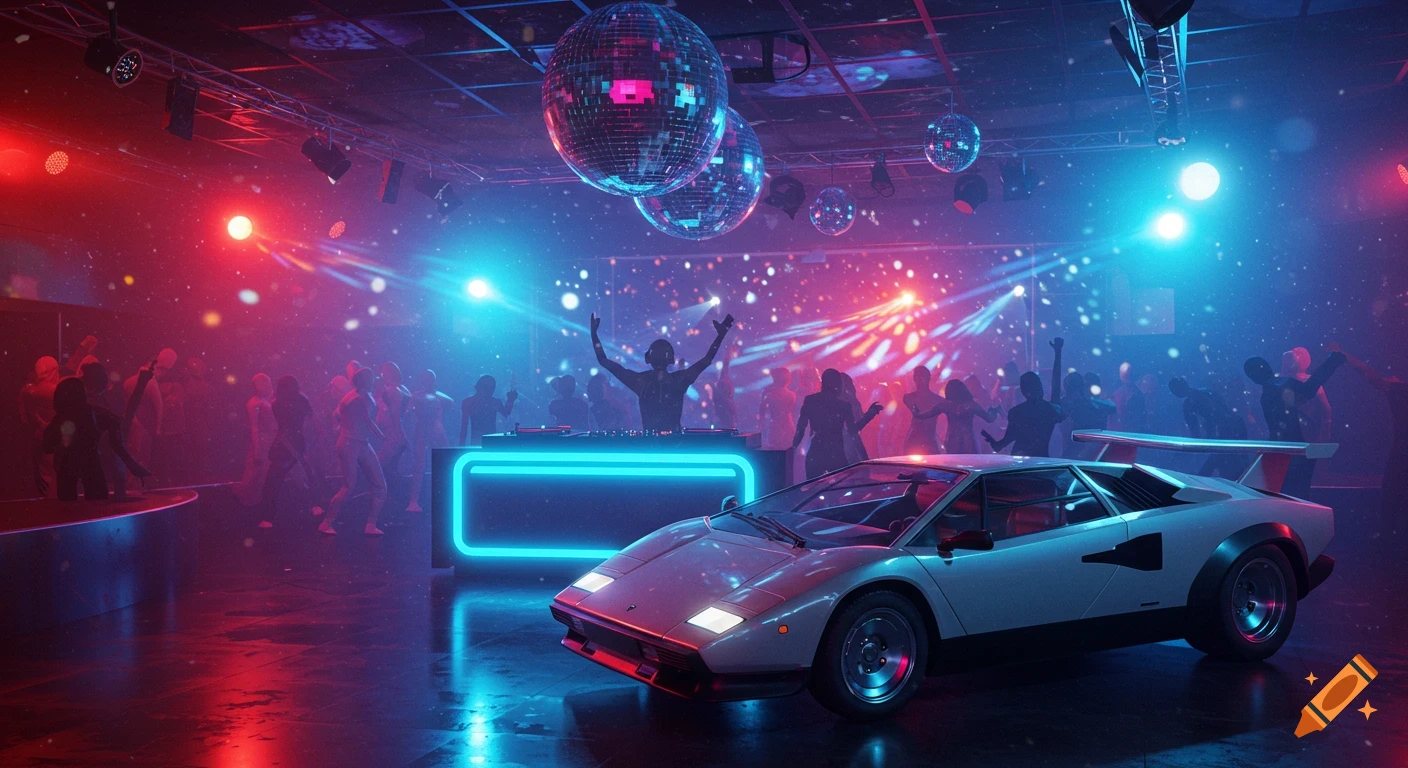 A white Lamborghini Countach parked on a glossy floor in a neon-lit disco club with a DJ and dancing crowd under disco balls and laser lights.
