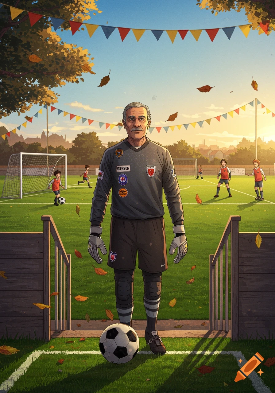 An illustration of an elderly man in a soccer goalkeeper uniform standing on a field with children playing in the background, autumn leaves falling.