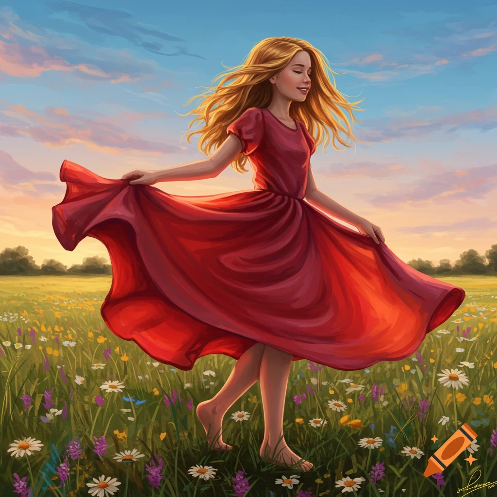 A girl with flowing blonde hair in a red dress dances barefoot in a field of colorful wildflowers at sunset, illustrated.