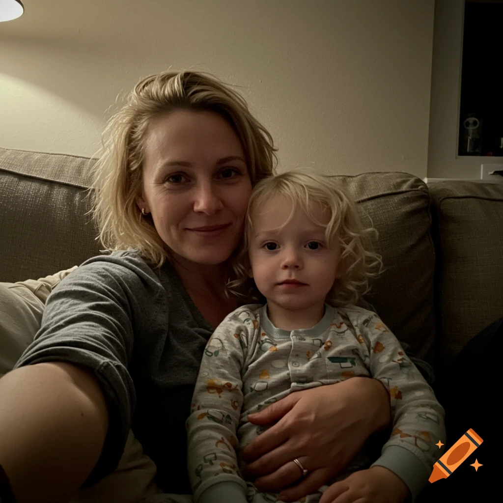 A woman with blonde hair and a small child with curly blonde hair sit closely on a couch in a dim room.