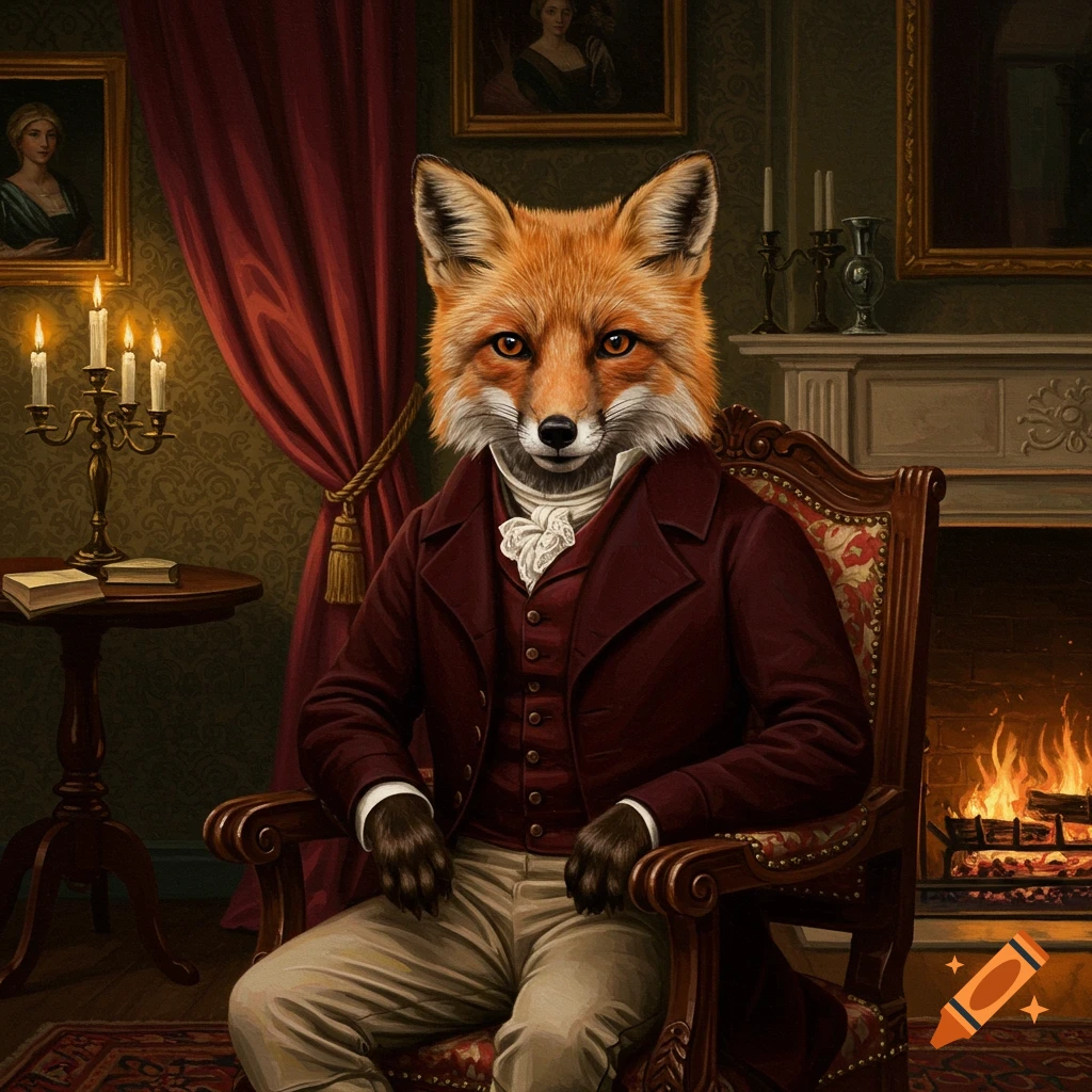 Oil painting of a fox in 1800s attire sitting in an ornate chair by a fireplace.