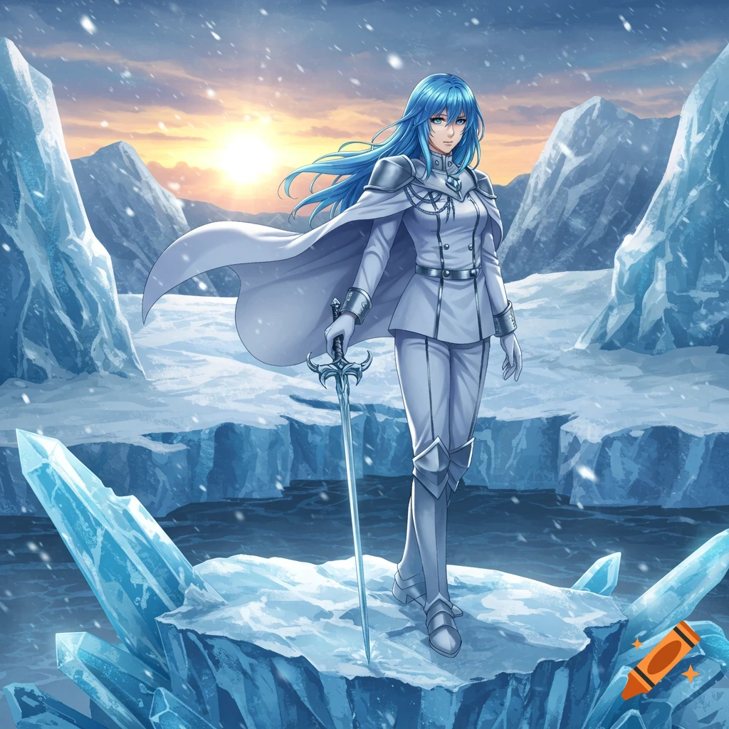 An anime character with blue hair and a white uniform stands holding a sword on an ice formation in a snowy mountain landscape at sunset.