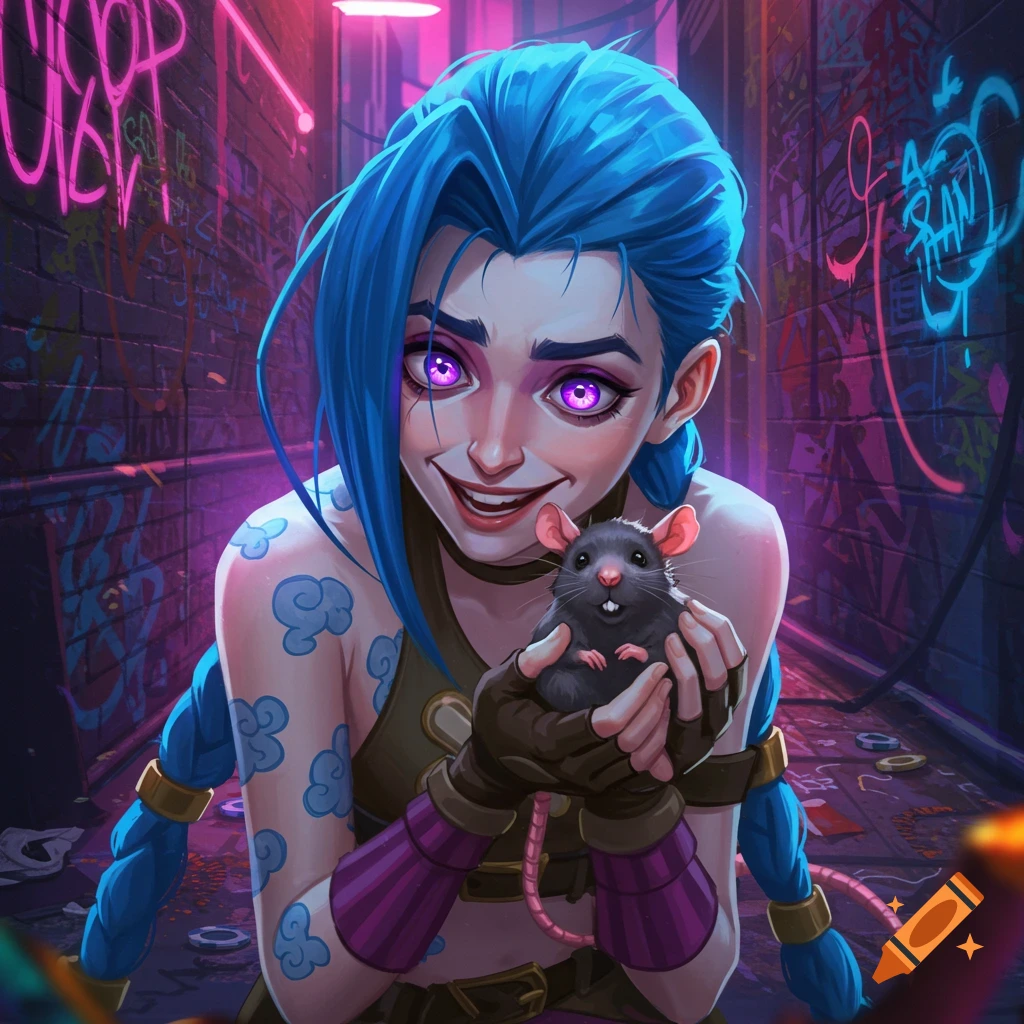 Jinx with blue pigtails and purple eyes smiles while holding a small gray rat in a neon-lit alleyway, digital art.
