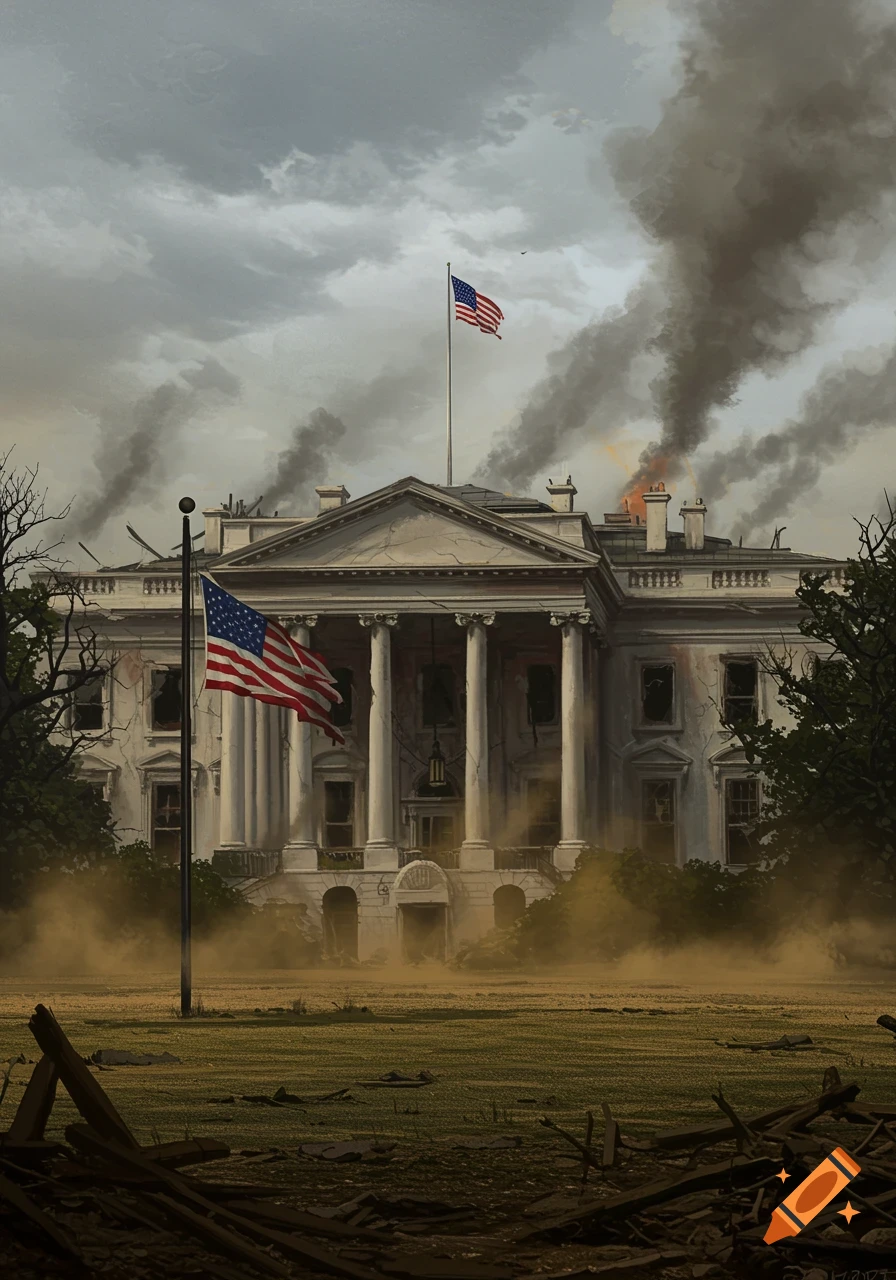 Dystopian art of the White House in ruins, smoke rising from its roof under a stormy sky, with an American flag and debris on the lawn.