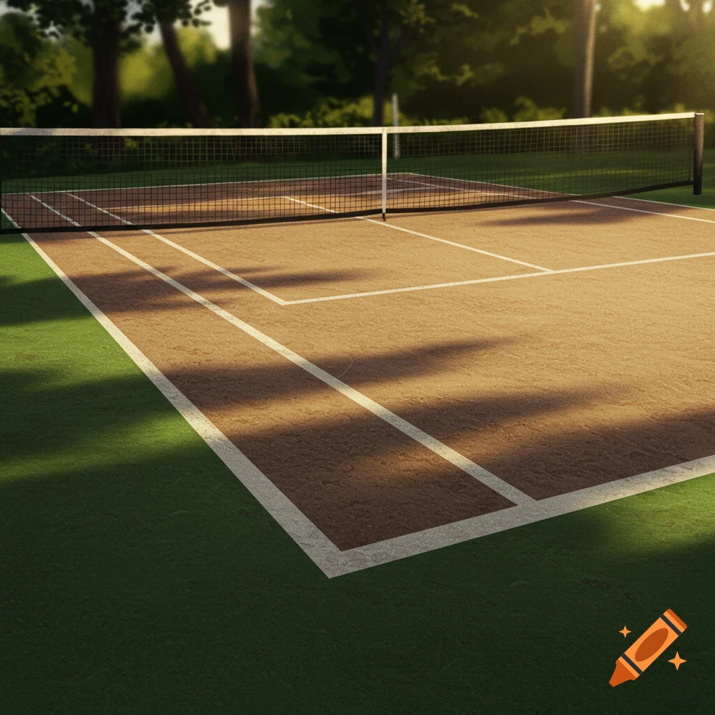 An outdoor tennis court with a brown playing area and green grass borders, under a sunny sky with trees in the background.