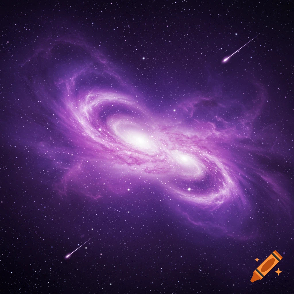 A vibrant purple and pink galaxy swirls in a dark starry night sky, with two bright shooting stars streaking across.