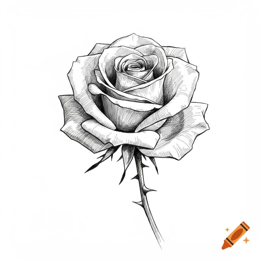 Black and white sketch of a single rose with thorns on a white background.