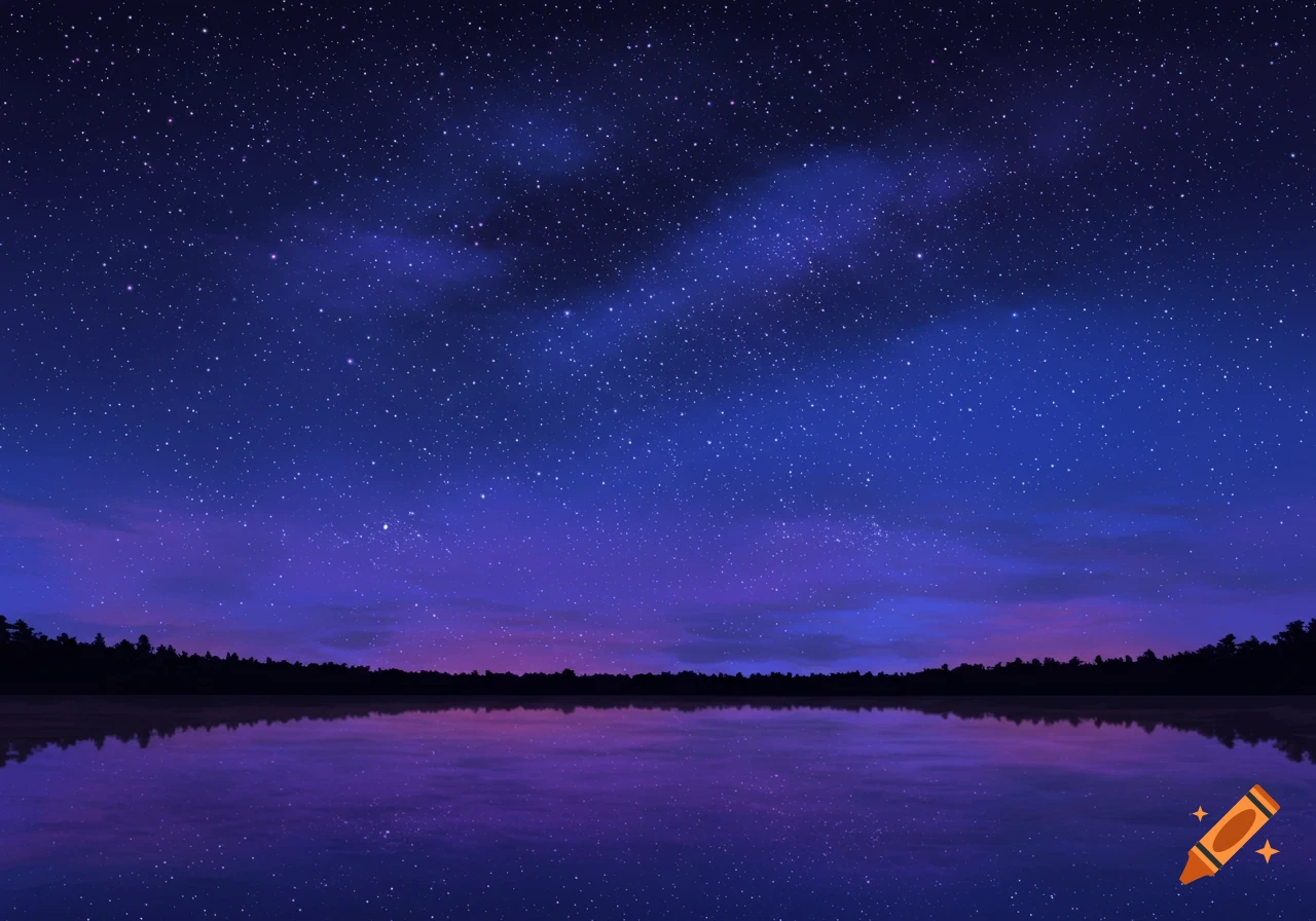 A night sky filled with bright stars and blue and purple hues reflected on a calm lake, with a dark silhouette of trees on the horizon.