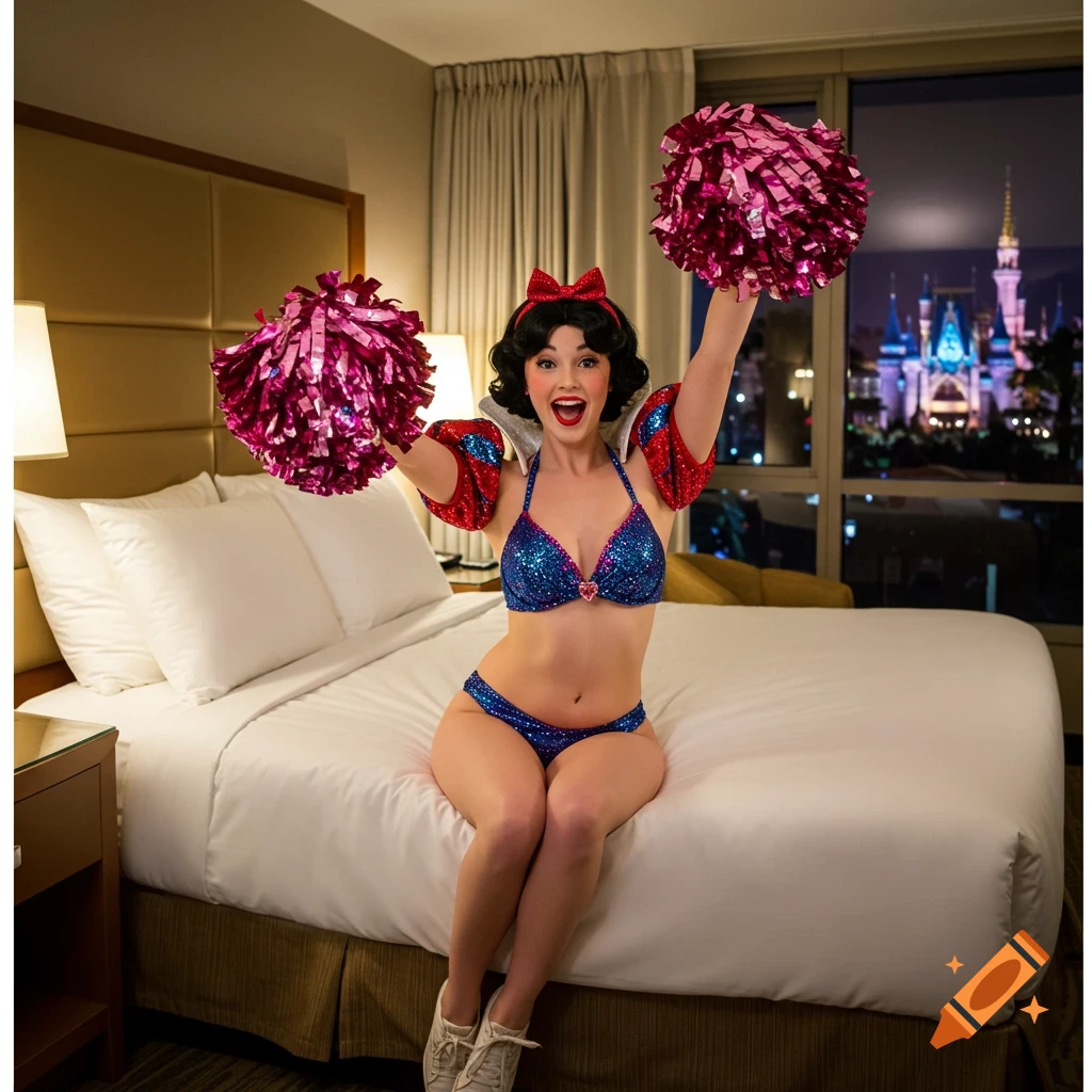 A woman dressed as Snow White in a sparkly blue bikini with red sleeves and pom-poms sits on a hotel bed, with Cinderella's Castle visible outside the window at night.