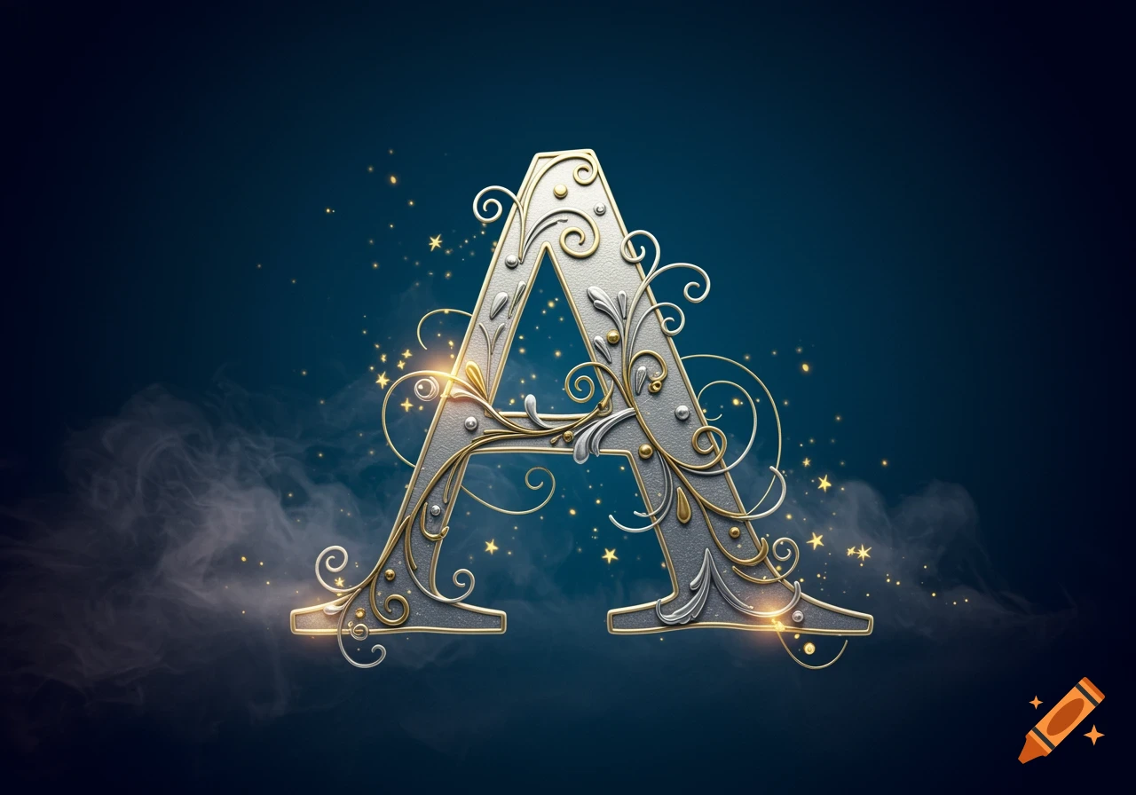 A highly detailed, ornate letter A, rendered in silver and gold with intricate filigree, shimmering on a dark blue background with sparkles and wisps of smoke.