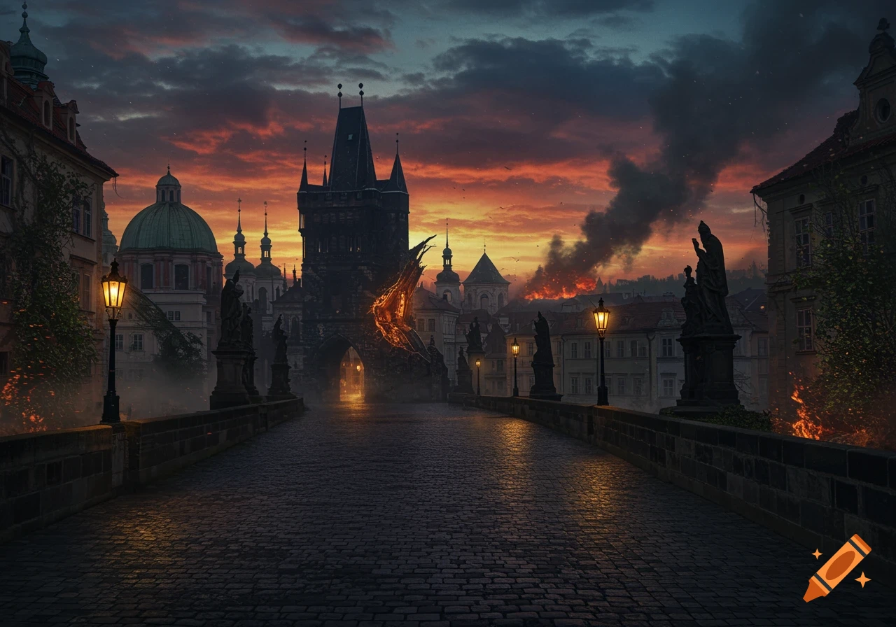 An apocalyptic sunset over Prague's Charles Bridge with a burning tower, fiery entity, and smoke against a red sky.