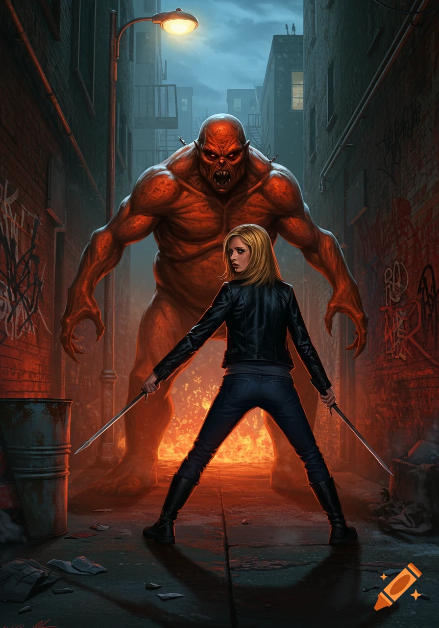 A blonde woman in a black leather jacket and jeans stands in an alley, wielding two swords, facing a large red demon. There is a fiery glow behind them.