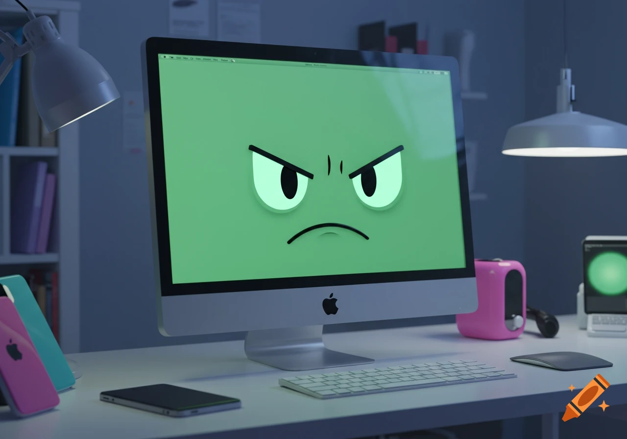 An Apple iMac computer on a desk displays a cartoonish angry face on its screen. iPhones and a keyboard are also on the desk.