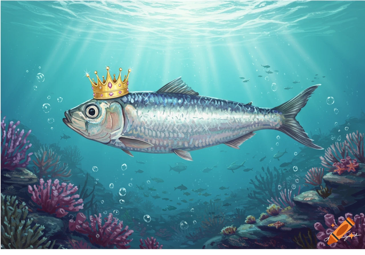 A sardine wearing a gold crown swims among coral and bubbles in a brightly lit underwater scene.