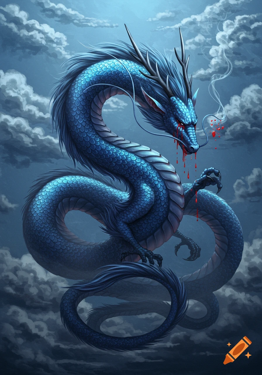 A blue Chinese dragon with blood dripping from its eyes, set against a dark, cloudy sky.