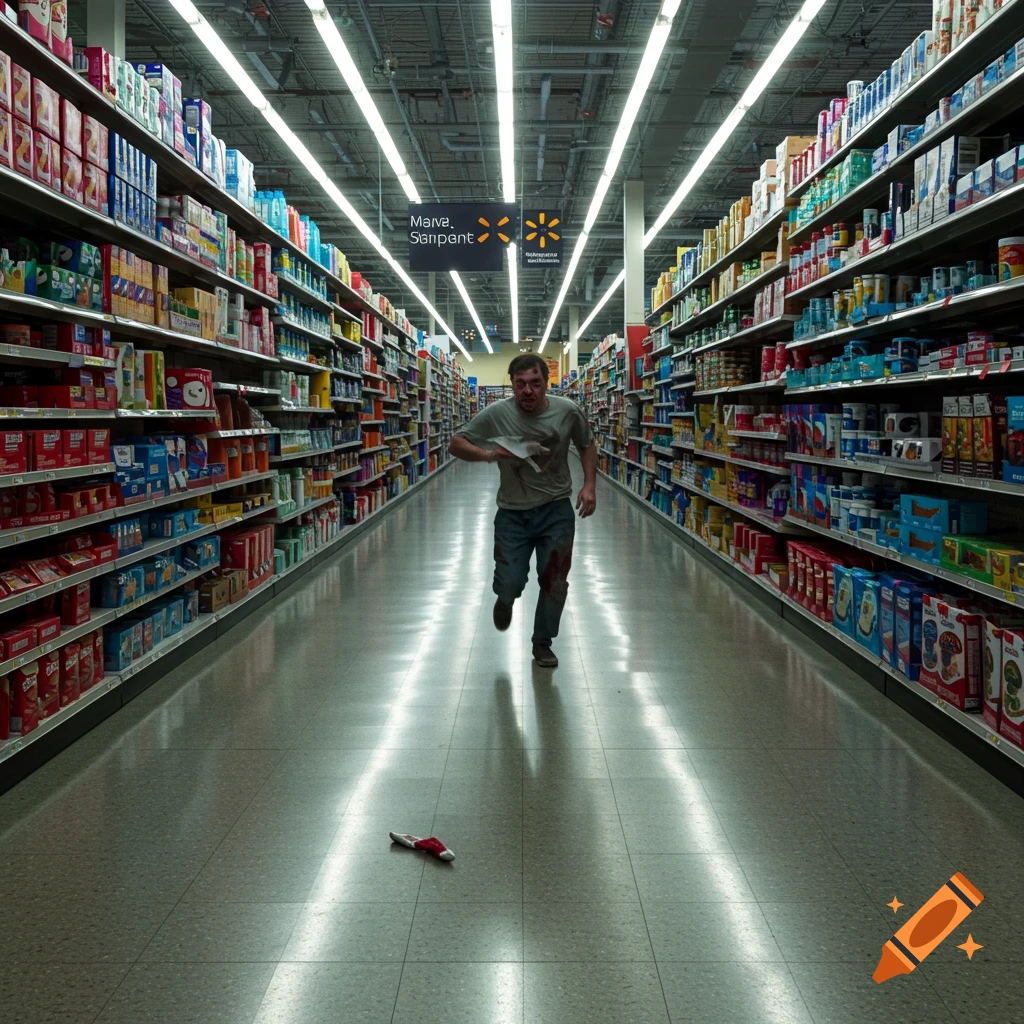 A distressed man with blood on his leg and face runs down a long supermarket aisle, looking over his shoulder. A small item lies on the floor.