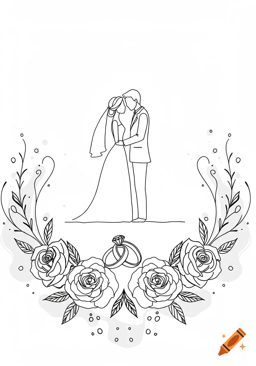 A black and white line art doodle showing a bride and groom embracing, framed by roses and wedding rings.