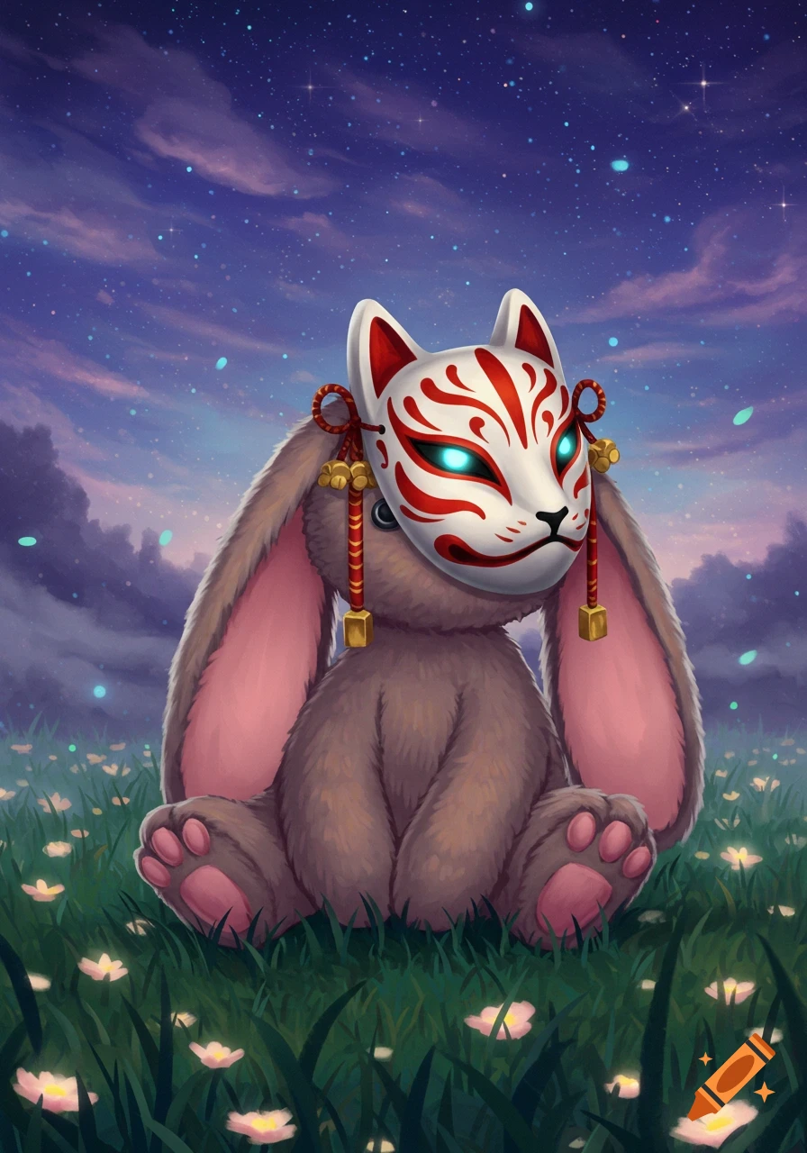A fluffy creature with large ears, wearing a white Kitsune mask with glowing blue eyes, sits in a grassy field under a starry night sky.