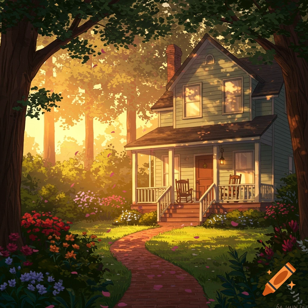 A charming illustration of a green house with a porch and two rocking chairs, surrounded by lush foliage and colorful flowers under a warm golden sky.