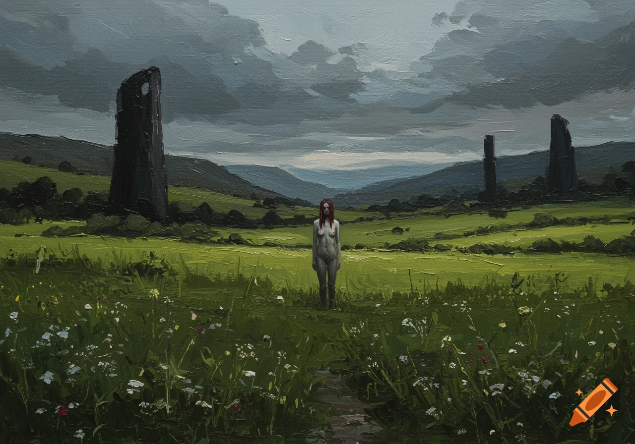 An impasto oil painting depicting a nude woman with red hair standing in a vast, green, grassy field under a cloudy sky, with tall, dark monolithic stones in the distance.