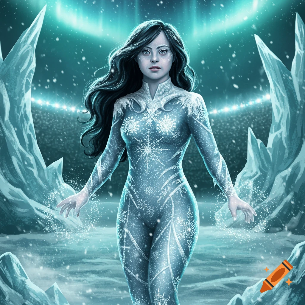 An ice queen-like character with long dark hair and an icy, snowflake-patterned suit stands in a frozen arena under an aurora sky.