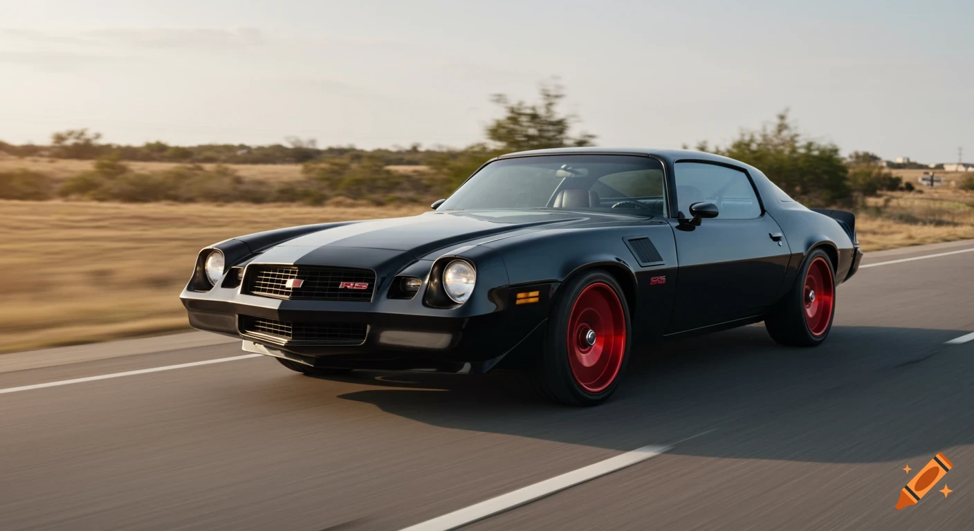 A black 1980 Chevrolet Camaro RS with red wheels drives down a highway with motion blur in the background.