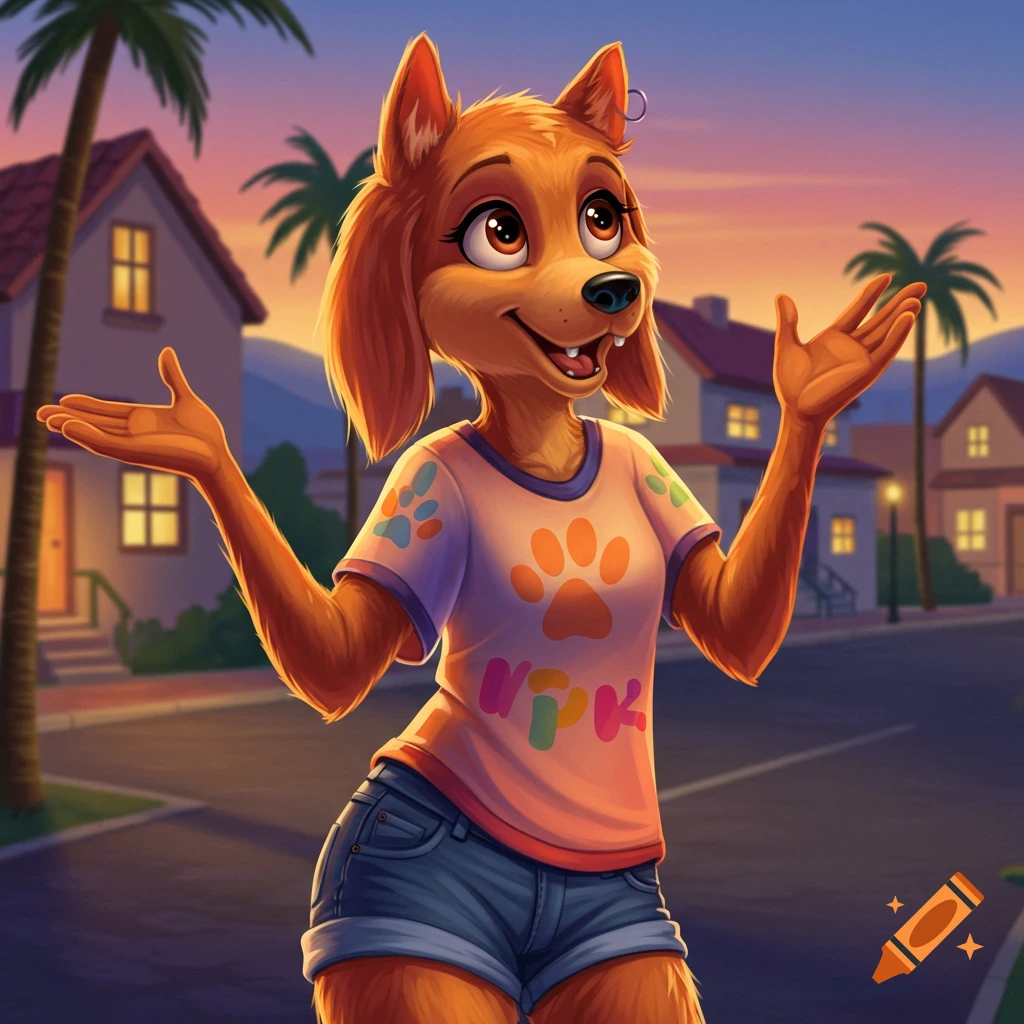 A smiling cartoon anthropomorphic dog in a t-shirt and shorts gestures with open hands on a suburban street at sunset.