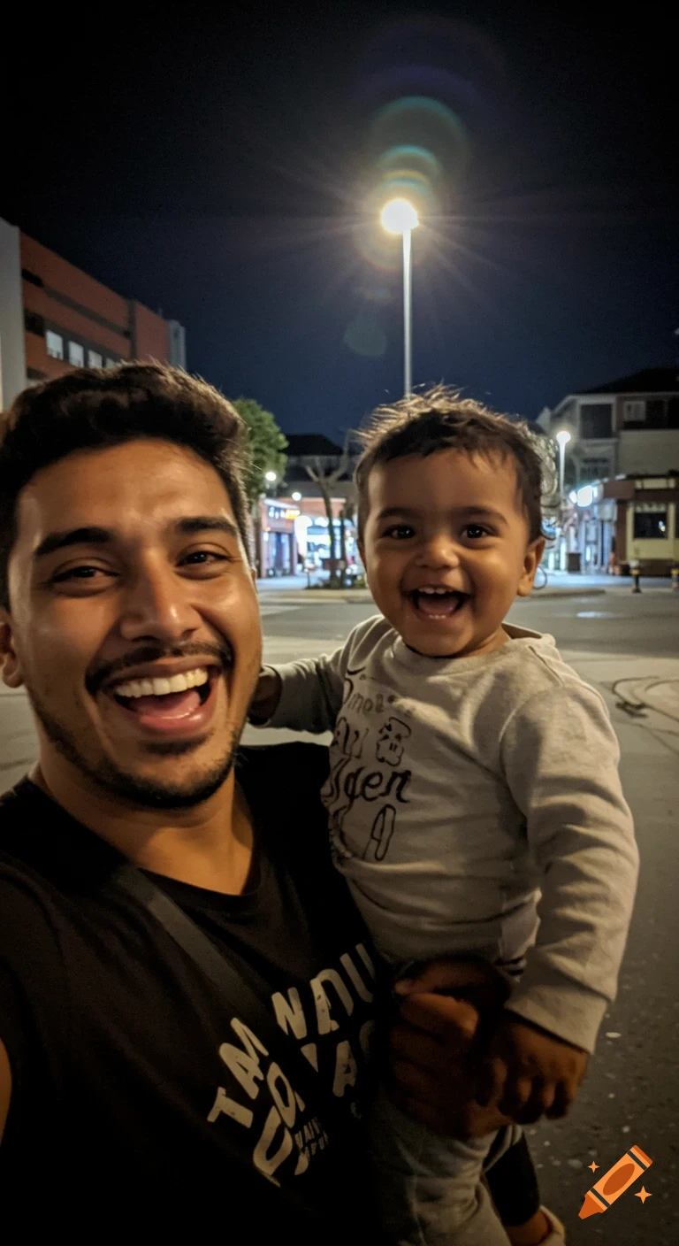 A man holds a toddler, both laughing joyfully in a nighttime street selfie. Streetlights illuminate the blurred background.