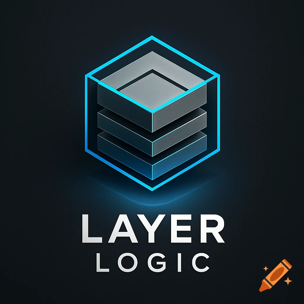 A 3D blue outlined cube containing stacked gray layers, with "LAYER LOGIC" text below on a dark background.