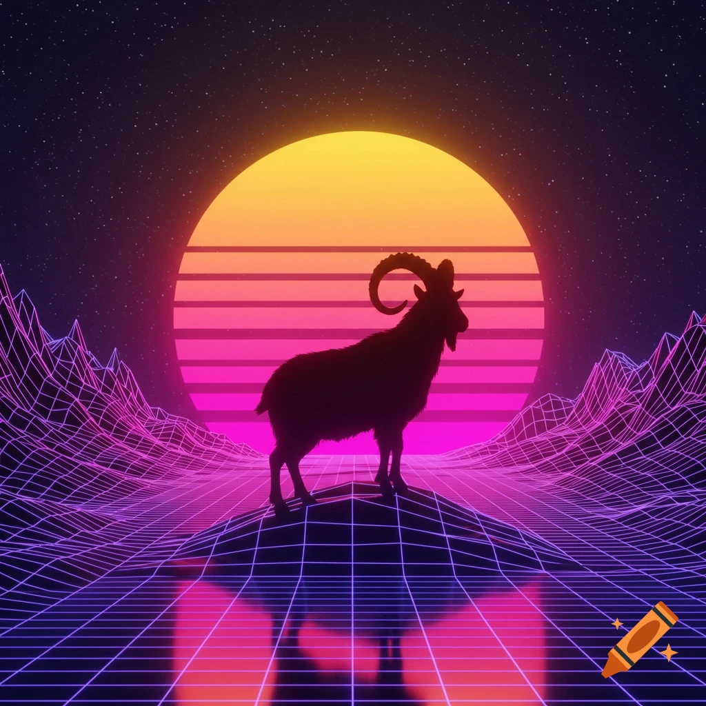 A black silhouette of a goat stands on a glowing wireframe landscape under a neon pink and orange synthwave sunset with a star-filled sky.