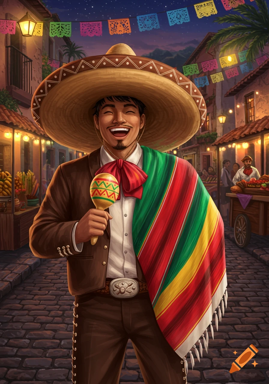 A smiling man in a sombrero, colorful sarape, and brown suit holds a maraca on a festive cobblestone street at night.