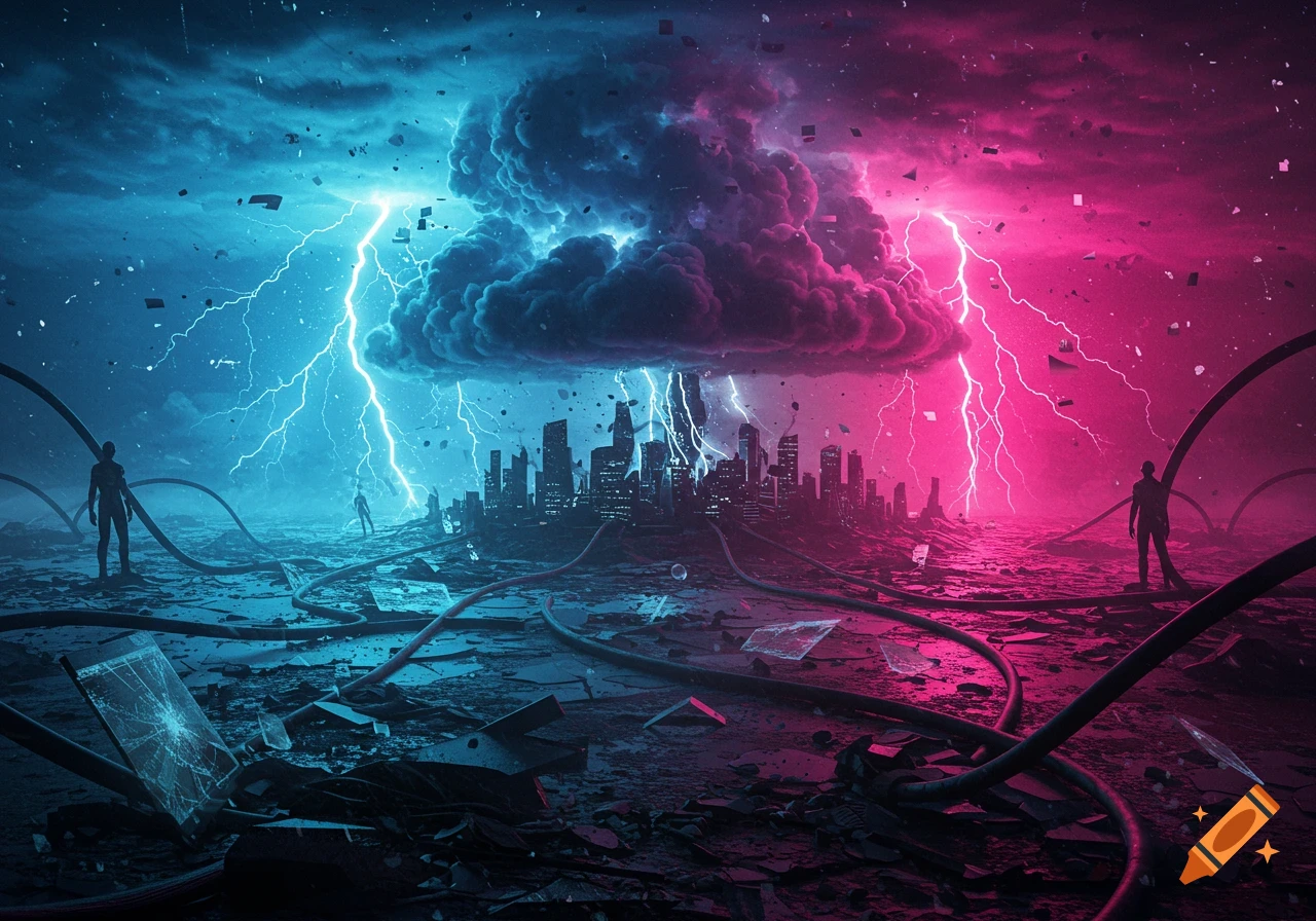 A dramatic, futuristic scene of a city apocalypse with a massive storm cloud, lightning, and silhouetted figures amidst rubble.