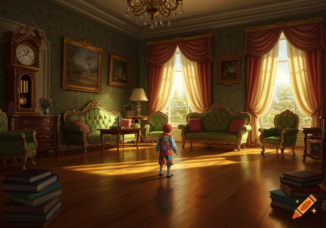 A tiny child in a colorful patchwork outfit stands on a polished wooden floor in a grand, ornate room with green and gold furniture, illuminated by sunlight from large windows.