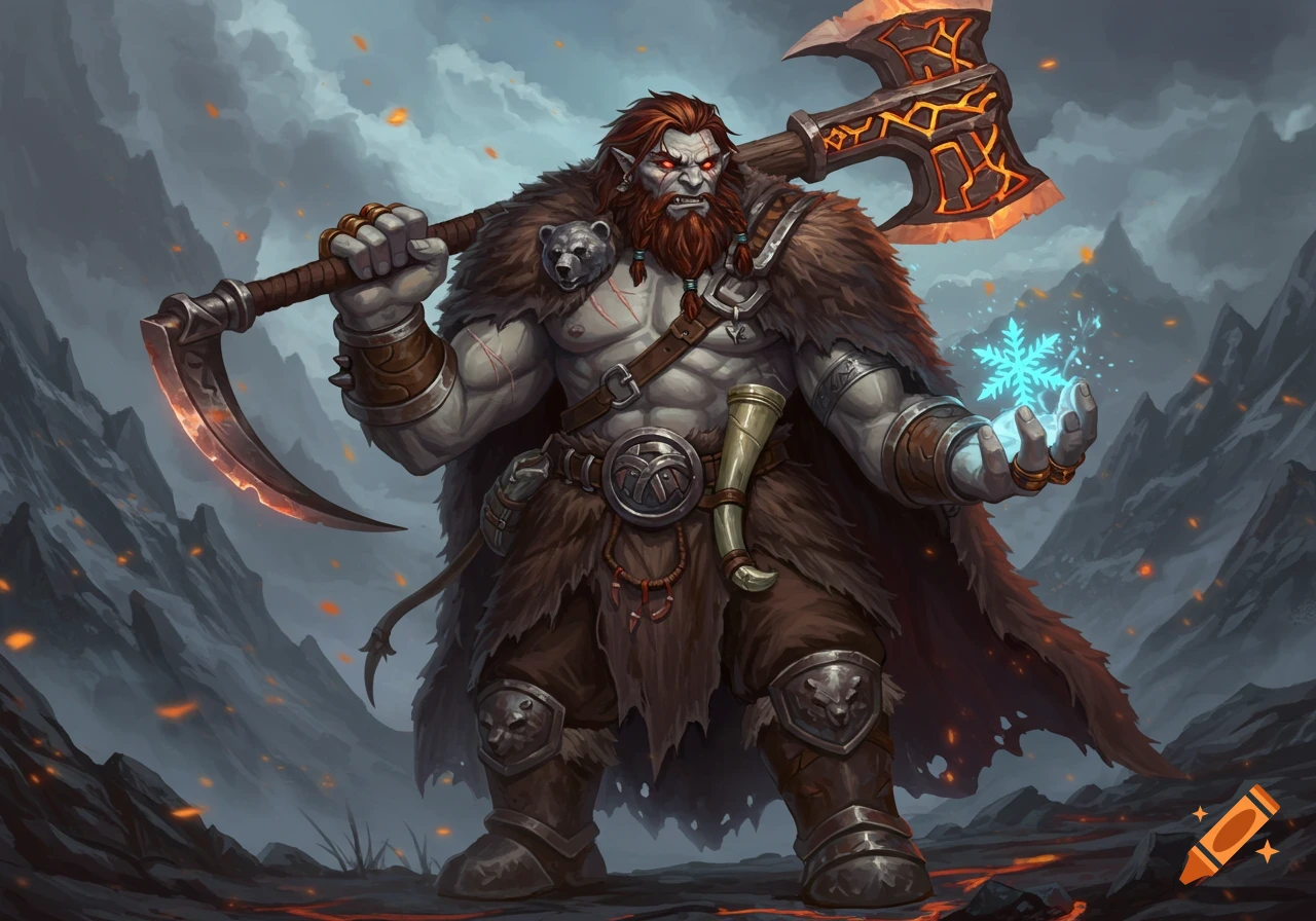 A powerful fantasy goliath barbarian in a fur cloak, holding an axe and a glowing blue snowflake, standing in a fiery mountain landscape.