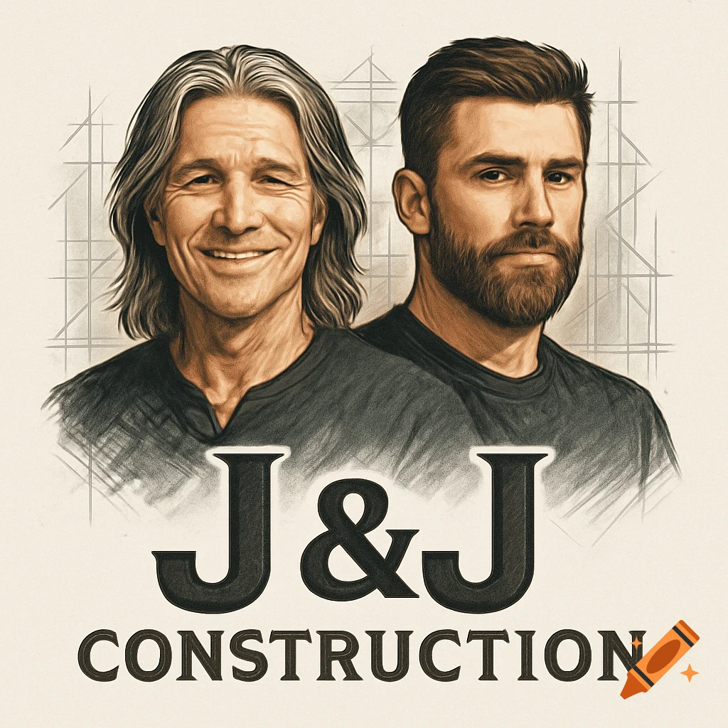 An illustration of two men, one with long gray hair and one with a beard, forming a logo for J&J Construction.