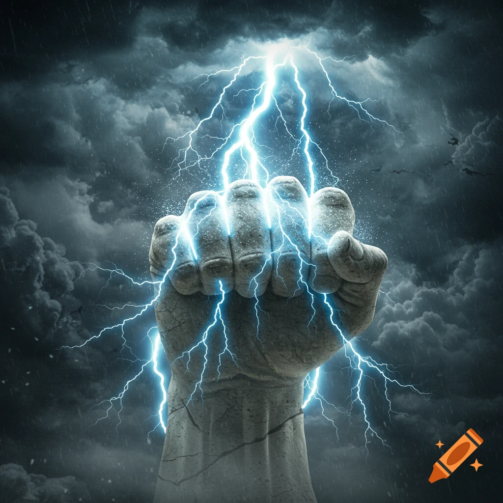 A detailed stone statue of a large hand clutching vibrant blue lightning bolts against a dramatic, dark stormy sky.