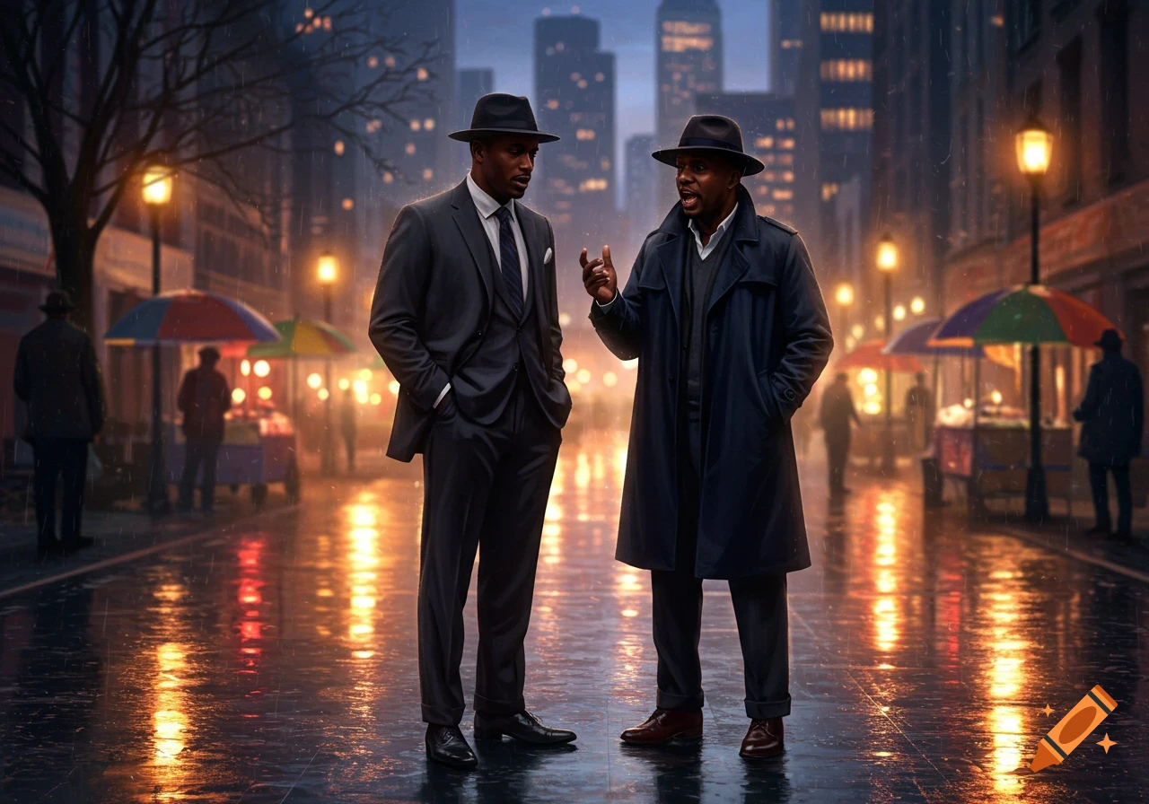 Two men in suits and fedoras talk on a rainy city street at night, illuminated by streetlights with reflections on the wet ground.