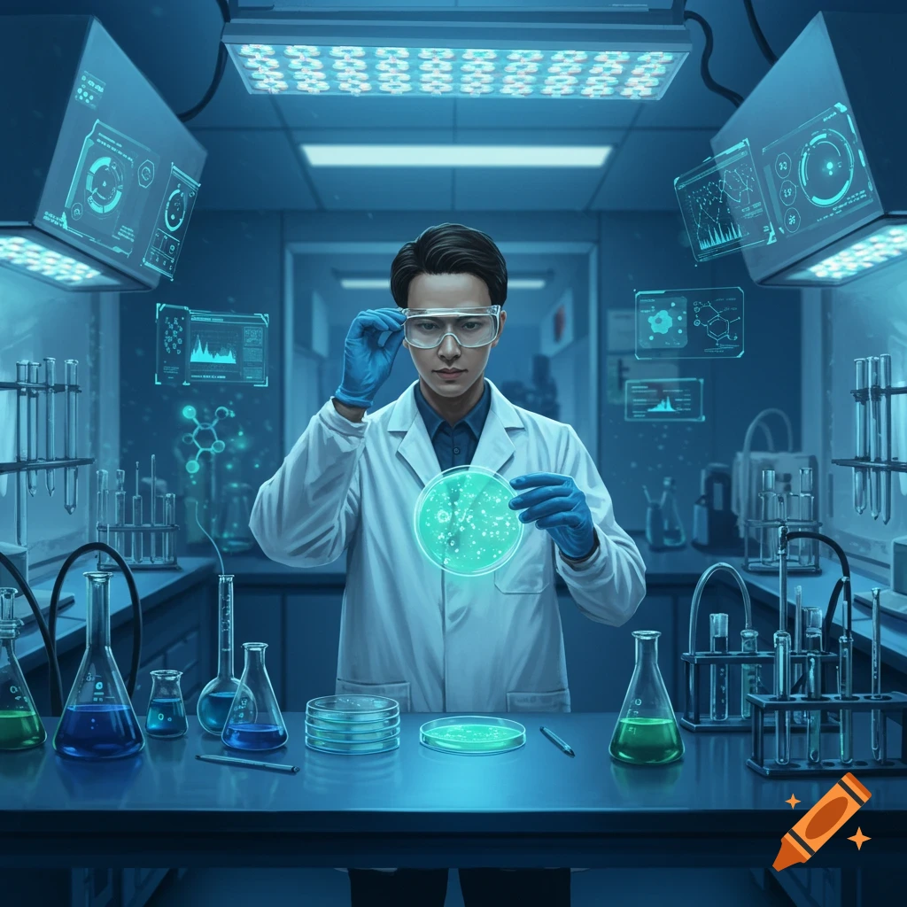 A scientist in a white lab coat and blue gloves holds a glowing petri dish in a futuristic laboratory, surrounded by lab equipment and holographic screens.