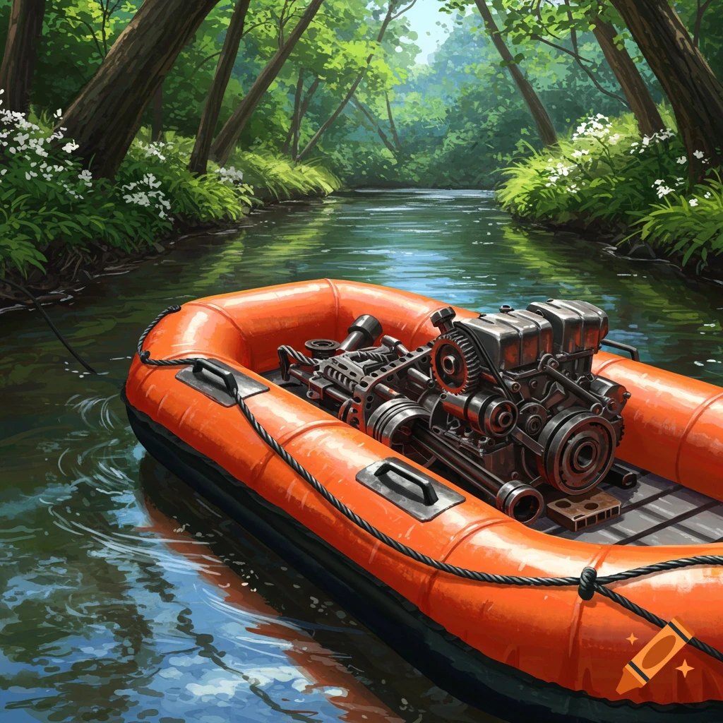 An orange inflatable raft with an industrial engine sits in a calm green river surrounded by a lush forest.