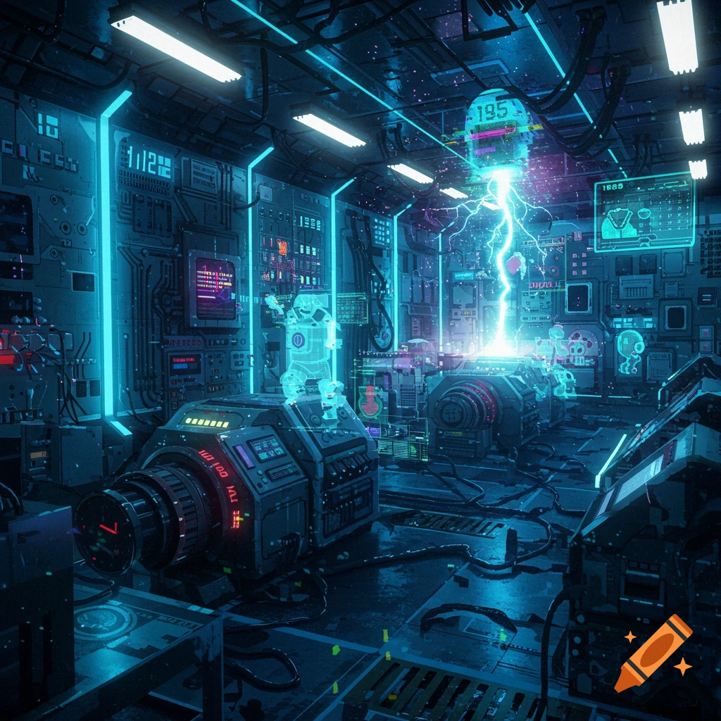 A dimly lit, futuristic laboratory filled with complex machinery, glowing blue and pink lights, and a central column of bright blue lightning.