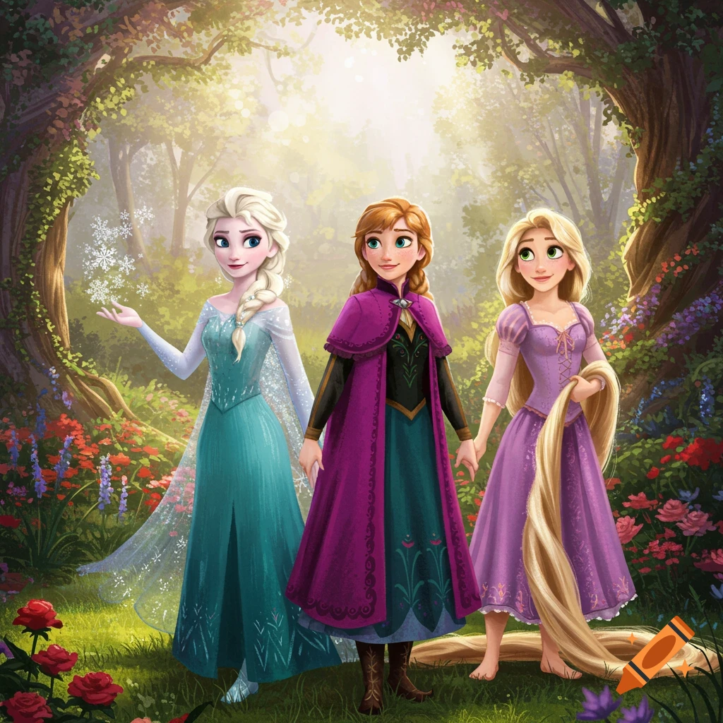 Elsa, Anna, and Rapunzel, Disney princesses, stand together in an enchanted forest with flowers.