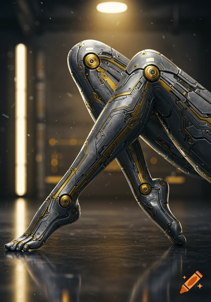 Detailed robotic legs with grey and gold metallic components, kneeling on a reflective floor in a dark, industrial setting.