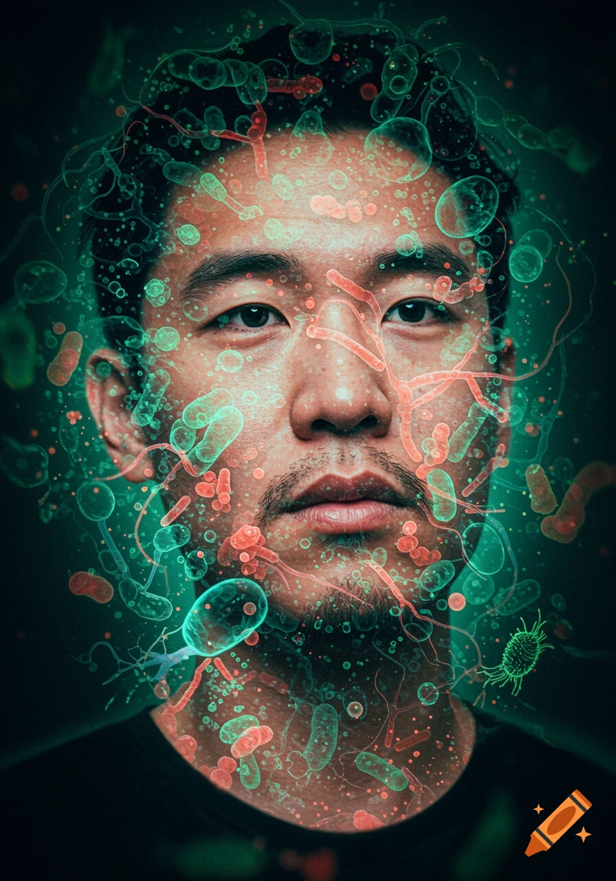 Close-up portrait of a man's face covered in glowing green and red microscopic organisms.